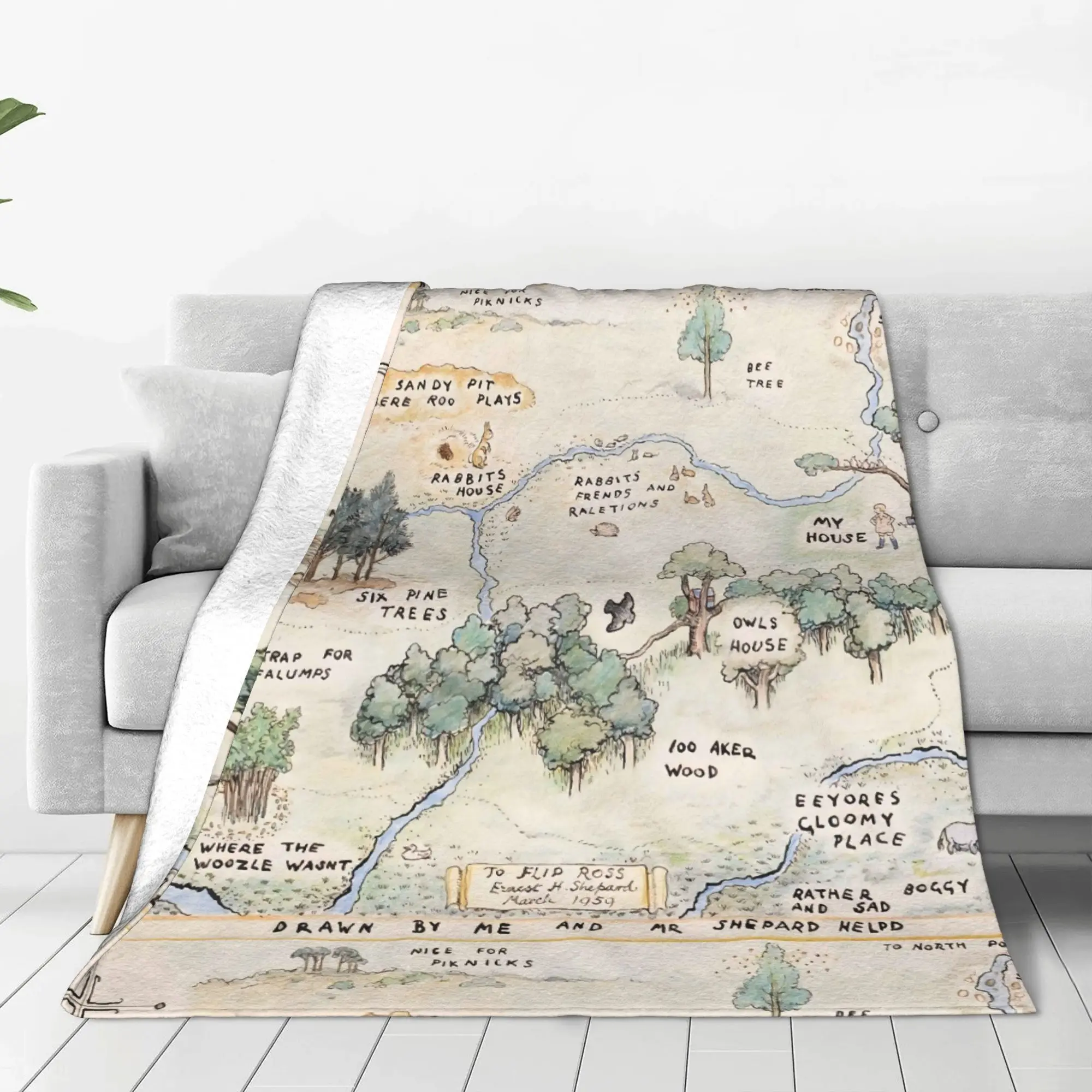 Winnie the Pooh Eeyore Gloomy Place Map Flannel Throw Blanket Novelty Decorative Cozy Fleece Home Decor Gift for Kids Teens Boy