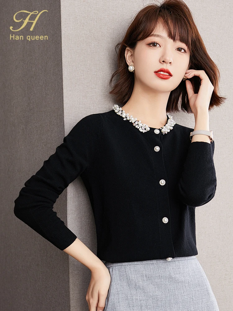 H Han Queen Korean Autumn Beaded Knitted Cardigan Sweater For Women Tops Simple Basic Casual Long Sleeve Vintage Cardigan Coats