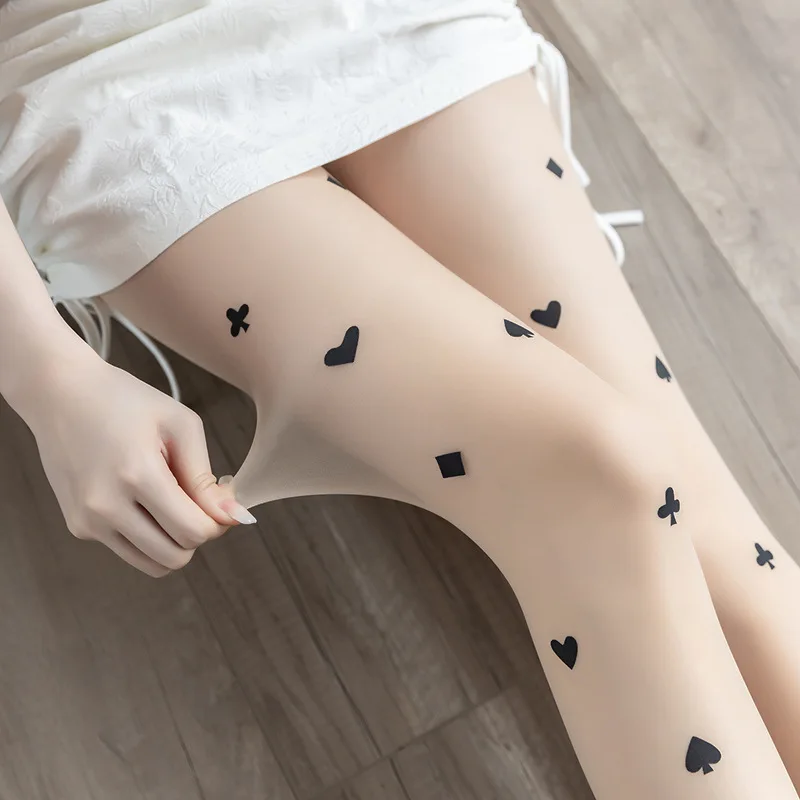 New Black playing card love print Women Tights any cut tattoo Women pantyhose Stockings sexy Summer Women tattoo silk Stockings