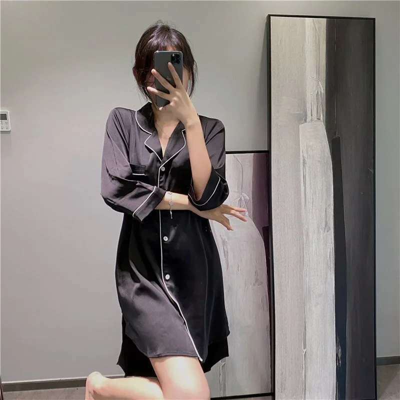 Women Nightgowns Satin Silk Solid Color Shirt Sleepwear Pajamas Buttons Nightwear Dress Sexy Gown Robe Homedress Nightdress