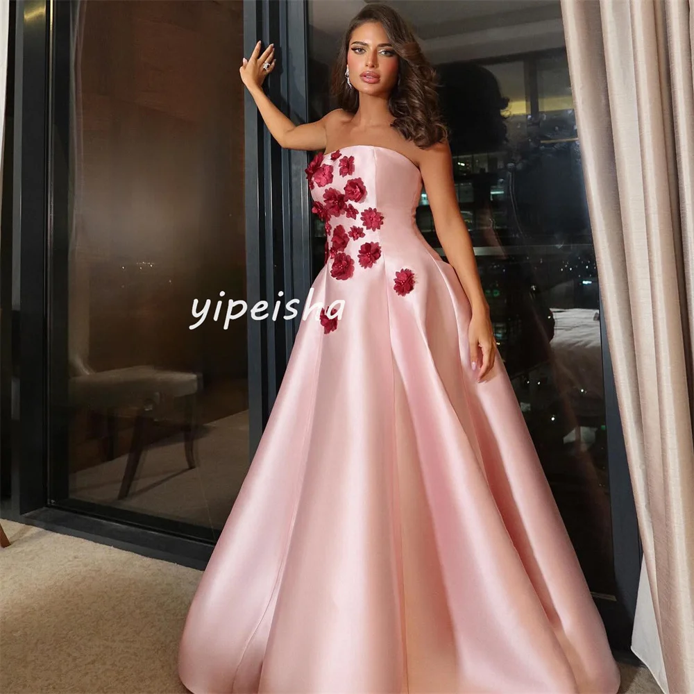 Customized High Quality Flower A-line Strapless Long Dresses Prom Dresses Classic Exquisite Modern Style Pastrol Unisex Chinese 