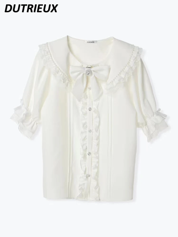 Japanese Original New Mine Women's Kawaii Lace Bow Short-Sleeved White Shirt Summer Doll Collar Sweet Cute Girls Wild Tops