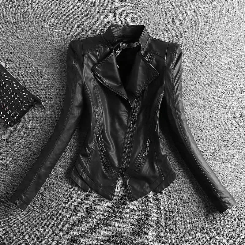 Nouveau Femmes classique manteau en cuir printemps automne 2025 mode costume col mince court en peau de mouton vêtements d'extérieur Biker en cuir femme