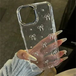 INS Japan Korea Silver Bowknot Phone Case For iPhone 15 16 14 13 12 11 Pro Max X XS XR 7 8 Plus Girl Epoxy Clear Glitter Cover