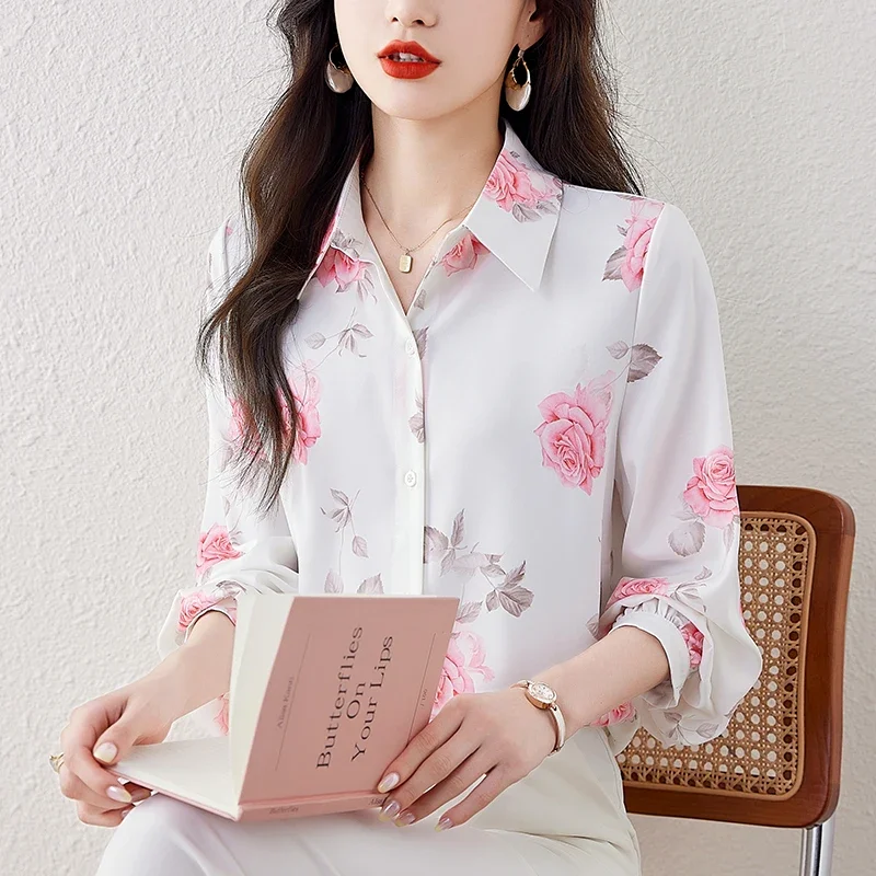 White Floral Shirts for Women Autumn Elegant Turn-down Collar Lantern Sleeve Blouses Womens Tops Fashion Print Slim Blouse Women