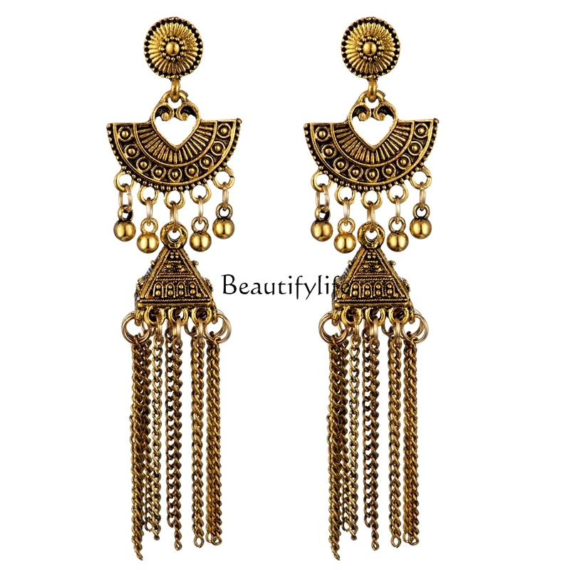 

Personalized retro alloy bell long fringed earrings ethnic style exotic style antique earrings