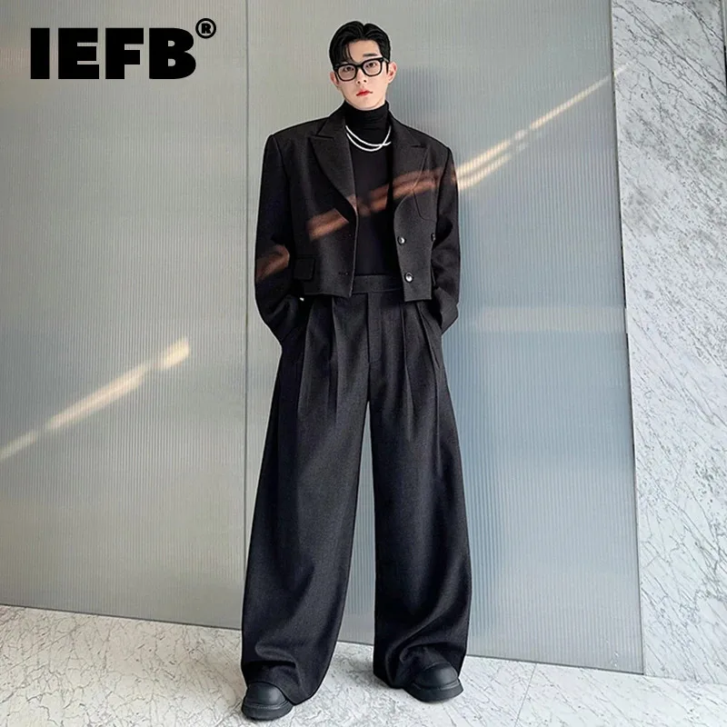 IEFB Niche Design Men\'s Two-piece Lapel Solid Color Single Breasted Suit Jackets Pleated Straight Wide Leg Male Pants New 9C8389