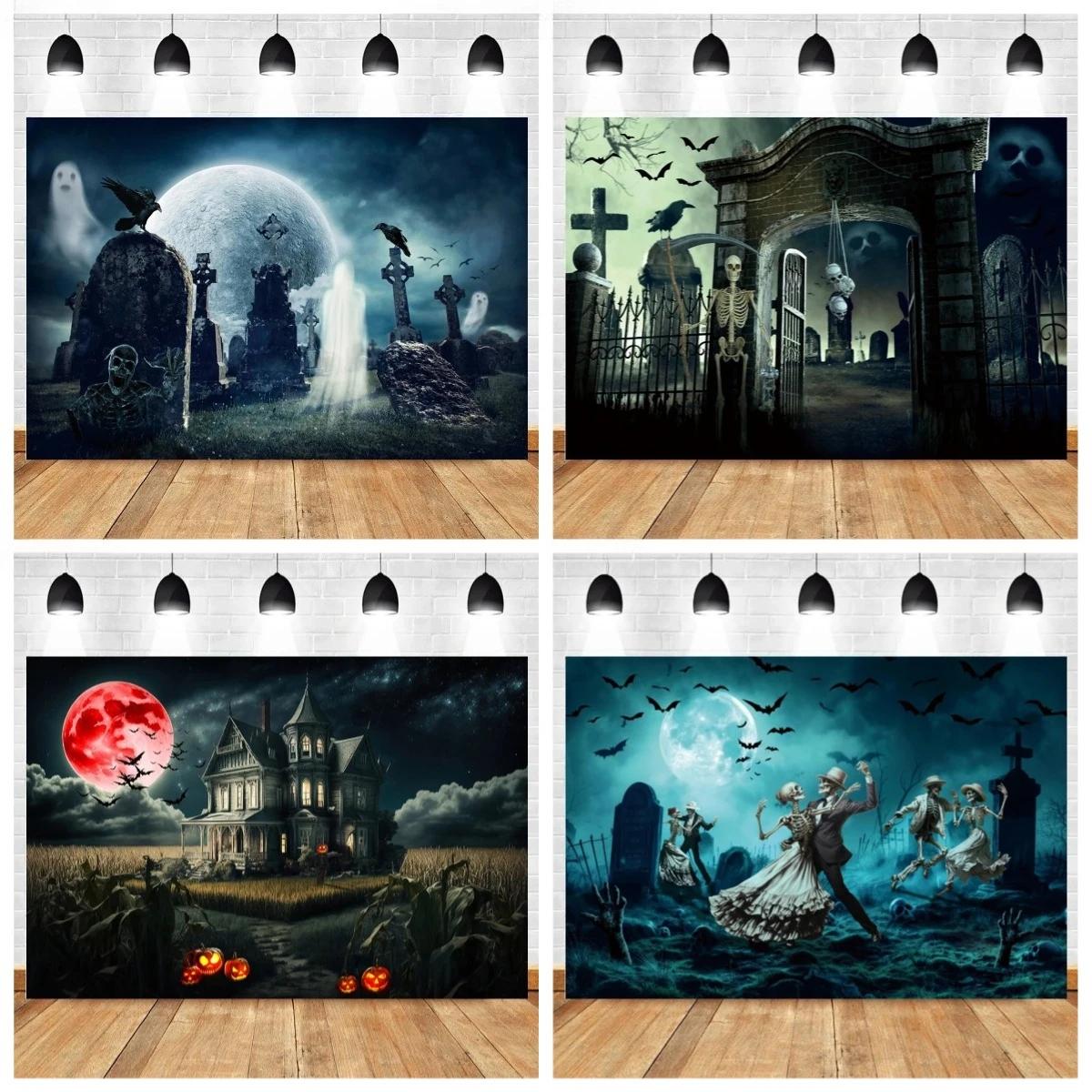 

Halloween Backdrop Horror Night Moon Pumpkin Eyeball Bookshelf Scary Castle Skull Children Portrait Photography Background Decor