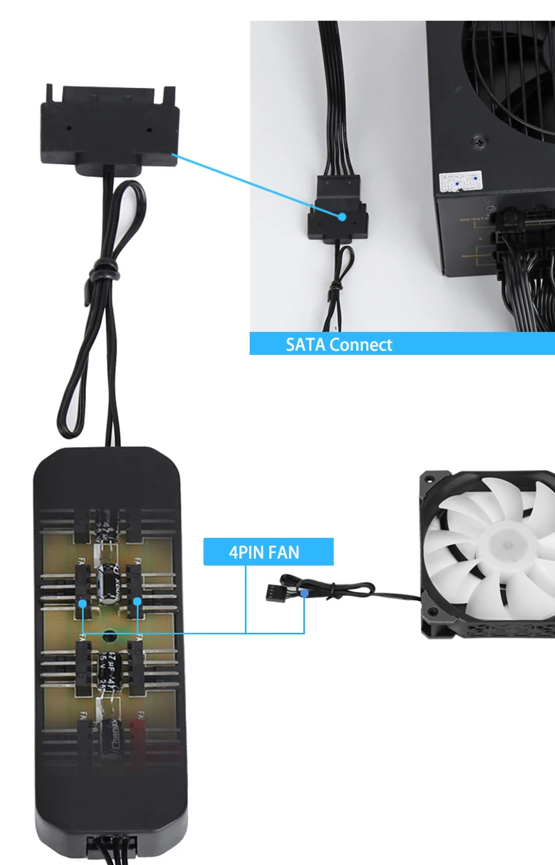 SAMA 1 To 8 Fan 4PIN PWM Cooler Multifunction Hub Speed Controller SATA Connect for Power 3PIN/4PIN Support 120*30*30mm SH200