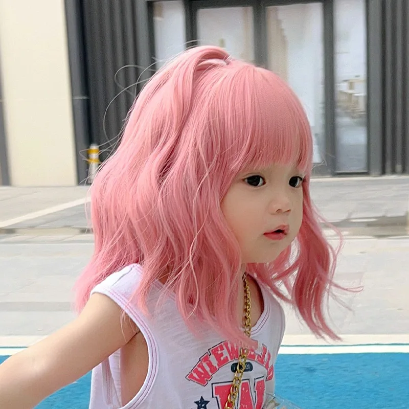 Children\'s Wig Girl Pink Medium Length Curly Hair Baby Bubble Face Hairstyle Baby Cute Reborn Doll Accessories Kids Head Cover