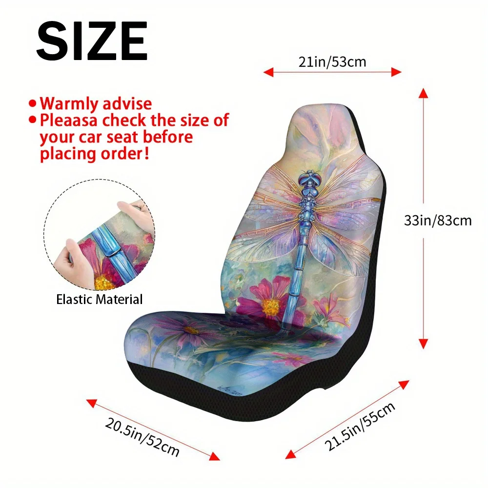 2pcs Car Seat Covers Set, Dragonfly And Flowers Print, Fashionable Vehicle Seat Covers. Fits Urban Commutes, Holiday Trips & Da