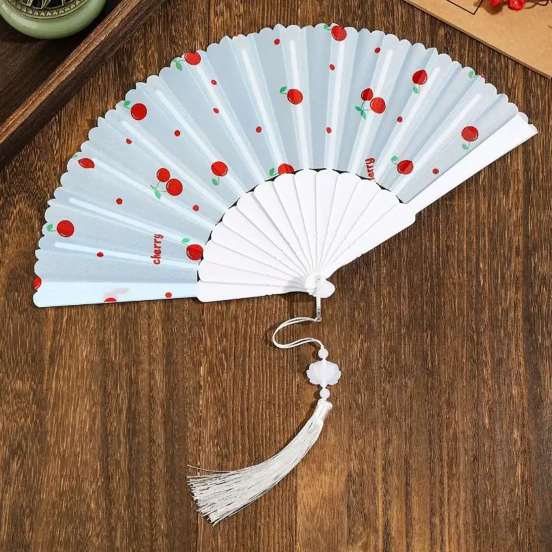 Folding Hand Fan Summer Mini Cherry Lemon Fruit Pattern Portable Tassel Fan for Pocket Bag Carry On
