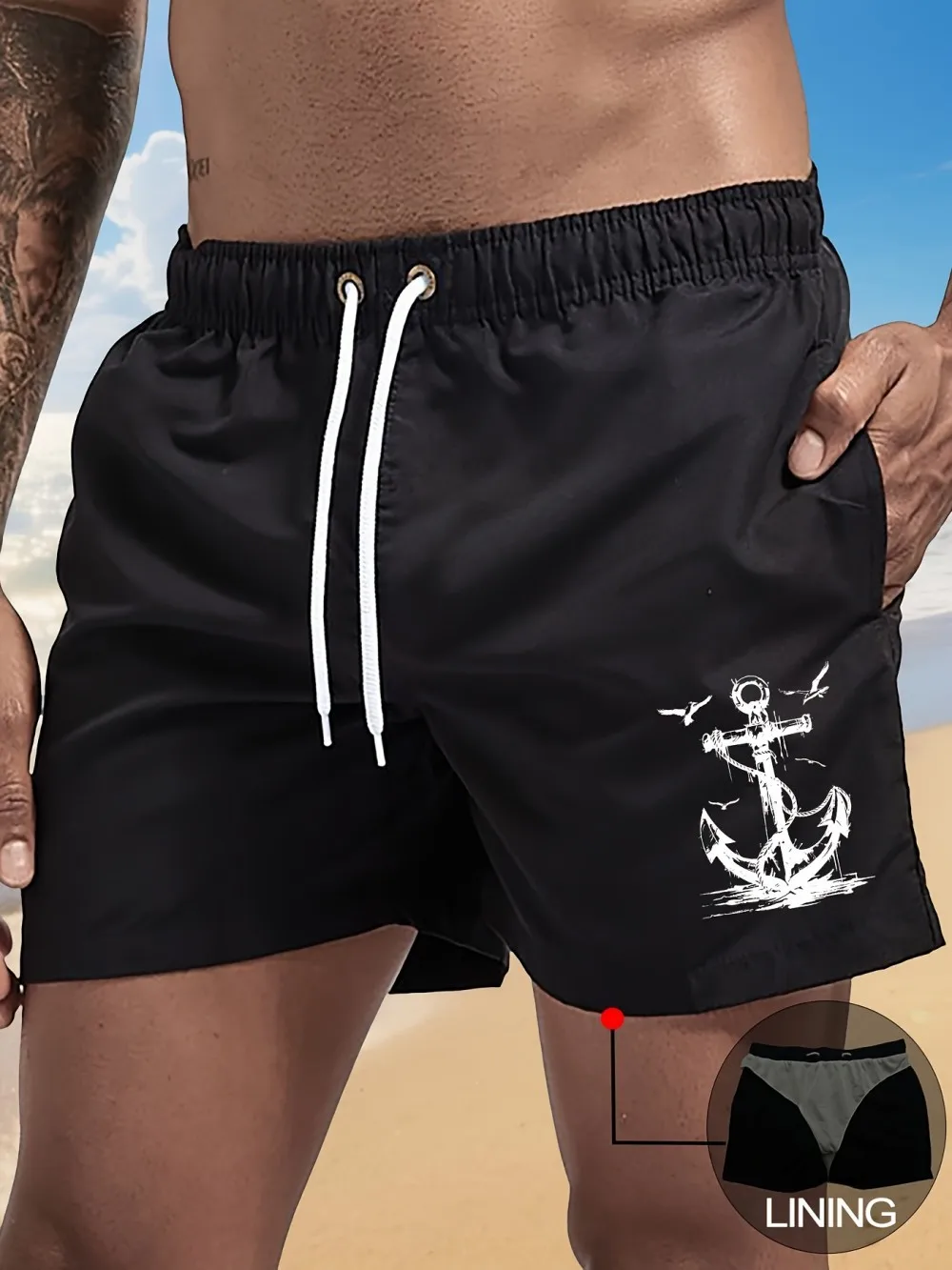 

European and American men's summer boat anchor seagull print comfortable and breathable drawstring shorts outdoor casual pants