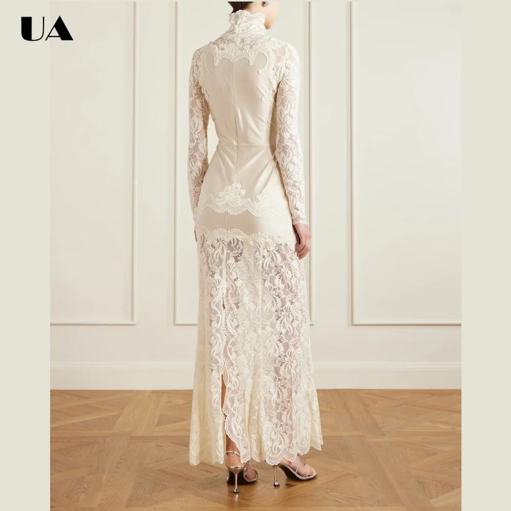 ULBYANRY Customized Lace Patchwork Long Dresses for Women Elegant Silm Fit Evening Dress Classy Turtleneck Wedding Guest Dress