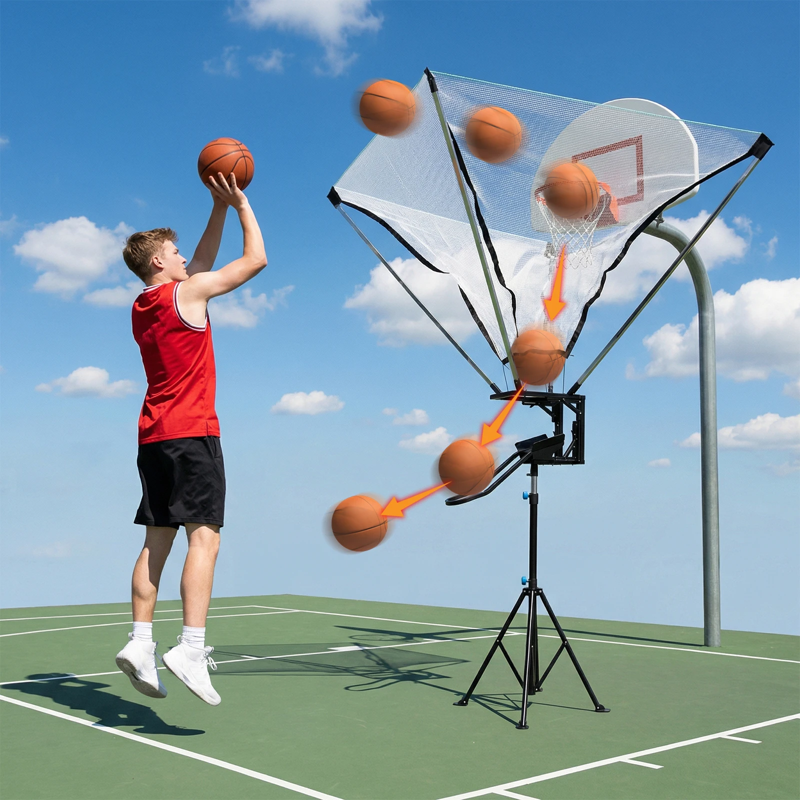 

Basketball Training Equipment with 180° Rotating Track Adjustable Height with Net Return System for Continuous Solo Practice