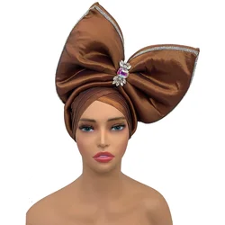 Luxury Rhinestone Turban Cap for Women Big Bow Headpiece African Auto Gele Headtie Nigeria Head Wraps