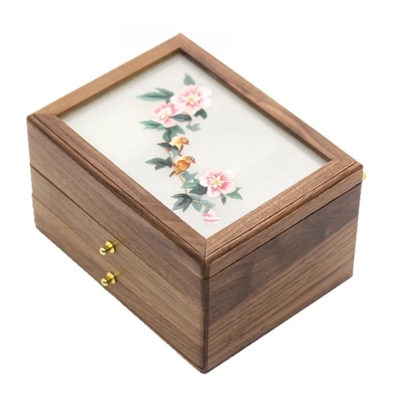 

Hunan embroidery hand embroidery double-sided embroidery walnut retro storage jewelry box national style merchandise