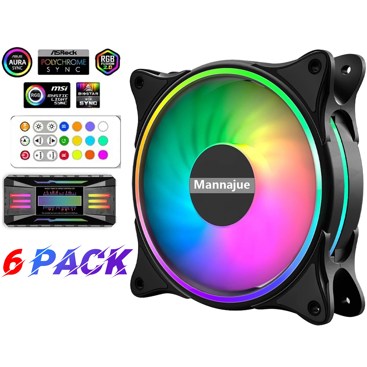 

6 штук 120-мм ARGB вентиляторов для корпуса ПК, тихий двигатель, скорость вращения: 1800 об/мин - черный