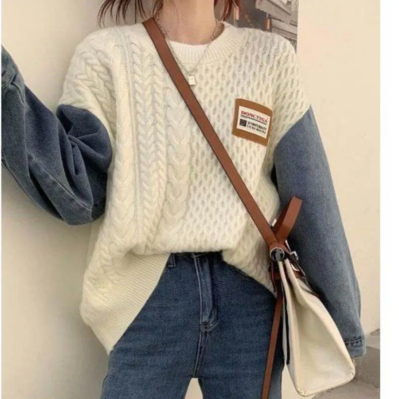 

New Denim Sleeve Stitching Apricot Fashion Sweater Women's Loose Outer Wear Design Retro Pullover Sweater Round Neck Soft Top