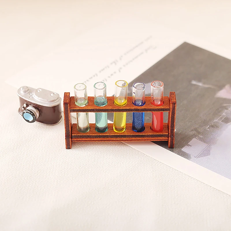 1Set Laboratory Glass Test Tubes with Wooden Rack Set 1:12 Dollhouse Miniature Accessory Decoration Ornament