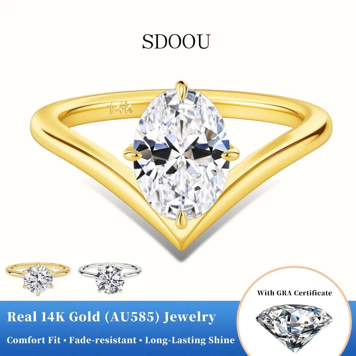 

SDOOU AU585 Gold 14K Four Claw Certified 1-3CT Oval Moissanite Ring VVS1 Lab Diamond Solitaire Ring for Her Promise Band Jewelry
