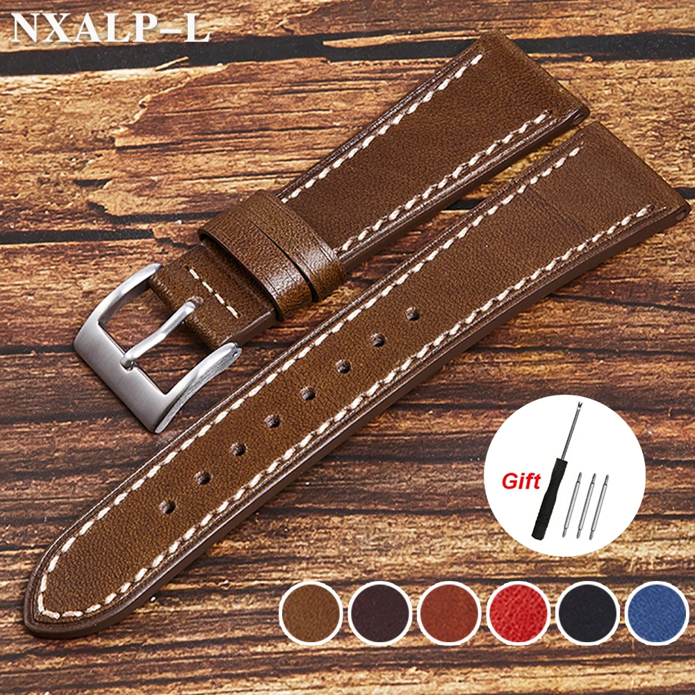 Retro Oil Wax Leather Watch Band 18mm 20mm 22mm Head Layer Calfskin Strap Green Brown Wristband for Men Women Watch Accessories