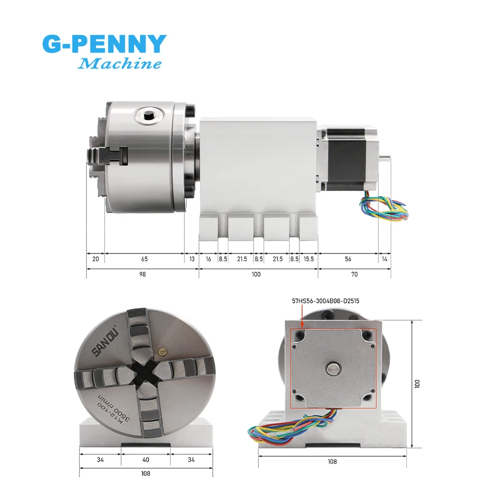 3/4Jaw 100mm CNC 4th Axis CNC dividing head/Rotation Axis/A axis kit Nema23 Gapless harmonic gearbox + Tailstock for CNC Machine