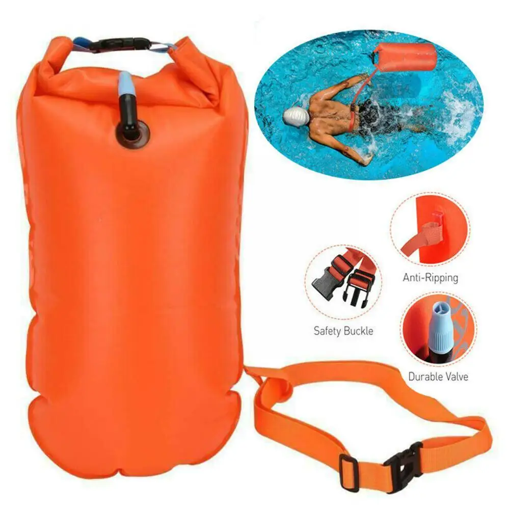 Inflatable Open Swimming Buoy Tow Float Dry Bag Double Air Bag with Waist Belt for Swimming Water Sport Storage Safety bag R9N2