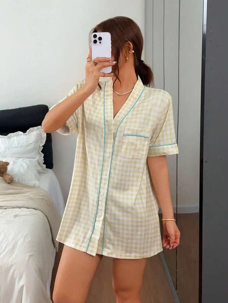 

Yellow Plaid V-Neck Short Sleeve Nightgown For Women