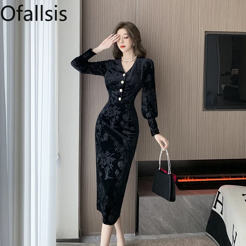 Ofallsis Palace Style Light Luxury Socialite Sexy Temperament V neck Long Sleeved Velvet Slit Set Black Evening Dress Female