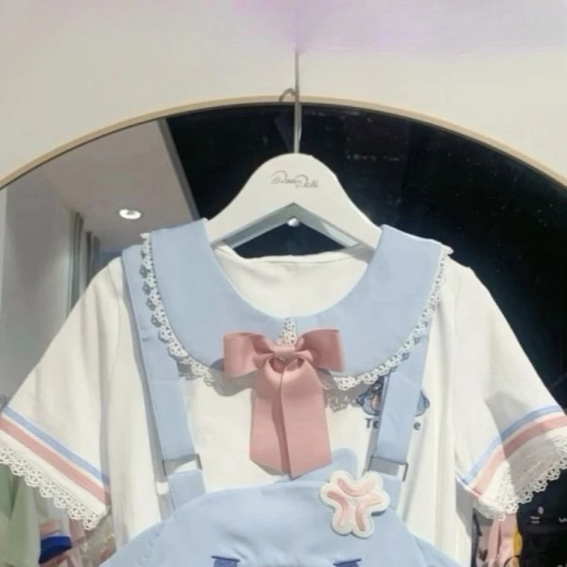 Sweet Lolita Kawaii Blue White Pink 2 Piece Set Lace Ruffle Bow Plaid Pocket Shark Bloomers Overalls For Teen Girls Daily Wear view 5