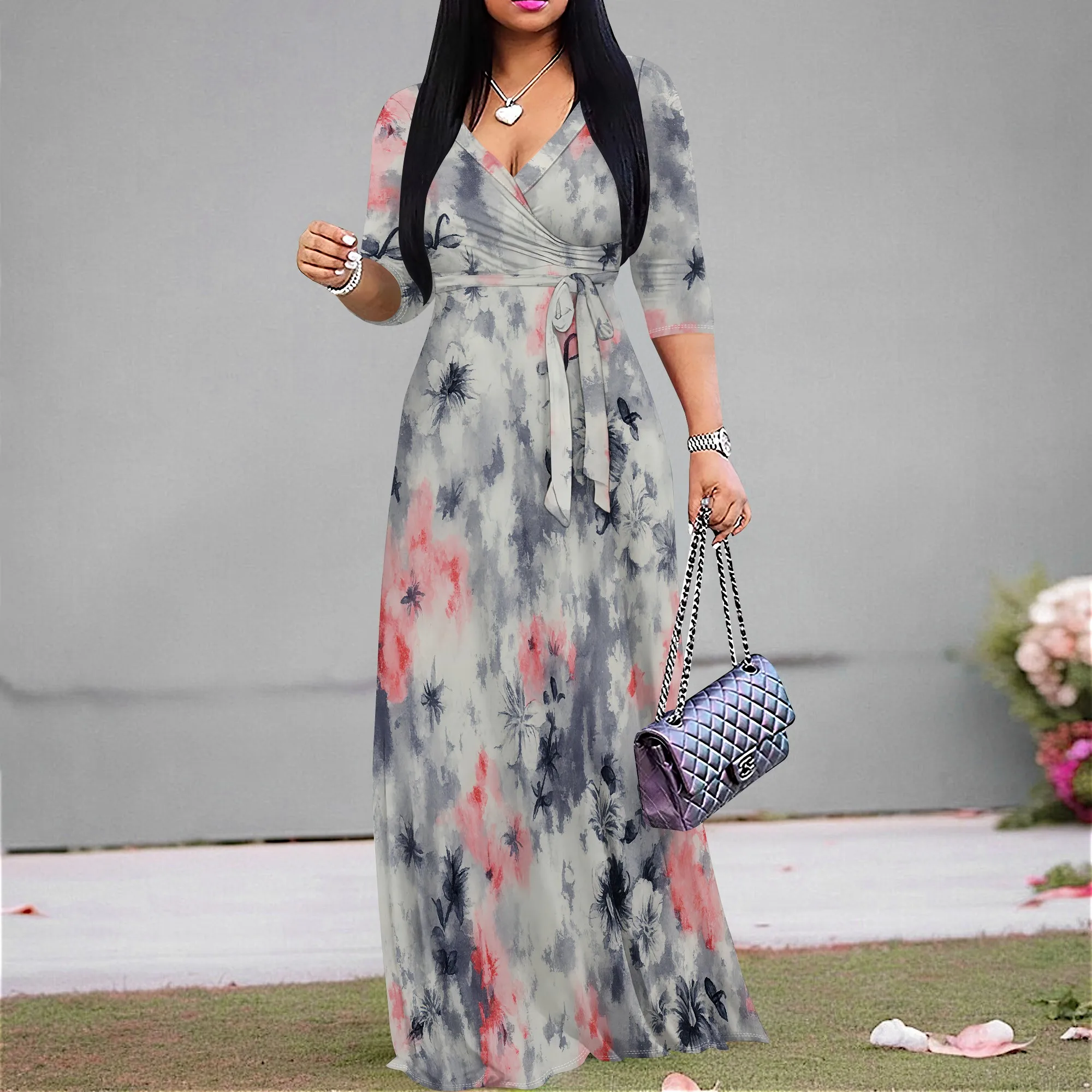 

2025 Women's V-Neck Wrap Maxi Dress Half Sleeve Tie Dye Floral Print Belted A-Line Swing Dress Party Beach Dress XS-3XL