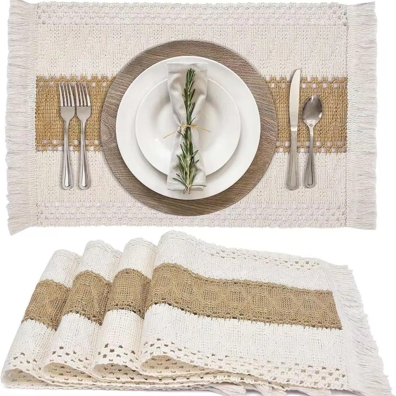 6pcs Random Bohemian style farmhouse linen tablecloth with tassel and cotton blend, used for restaurant and bedroom decoration