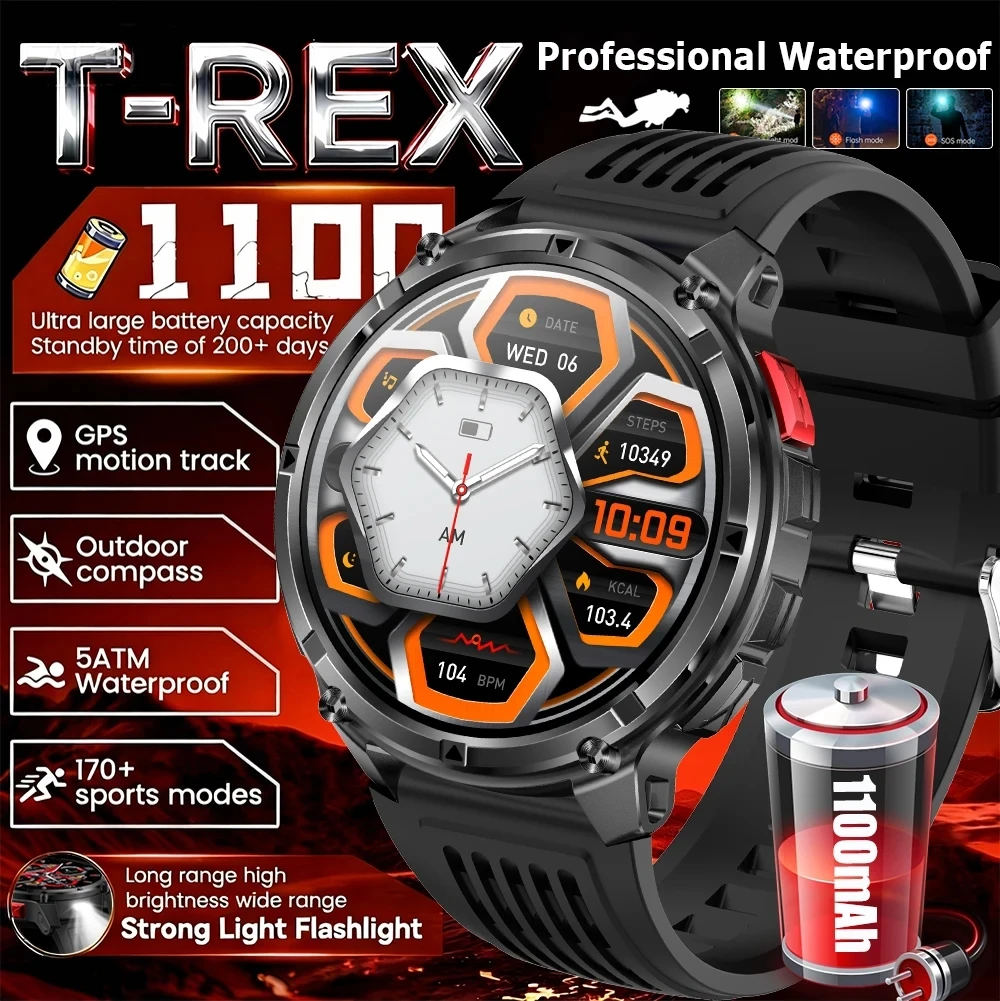 

2026 New T-Rex3 Pro 1100mAh Battery Smart Watch GPS path 5ATM Waterproof Sport Run tracker Outdoors Compass Military Smartwatch