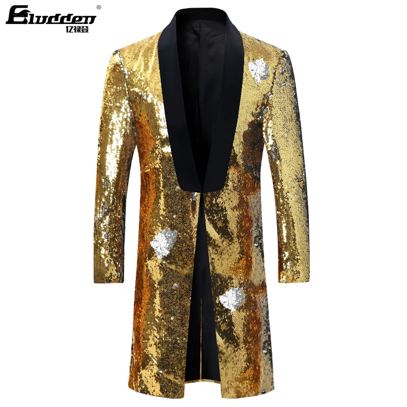 Male Fashion Shawl Lapel Double-sided Colorful Sequins Long Suit Jacket Blazer Men Stage Singer Costume Shiny trench coat jacket