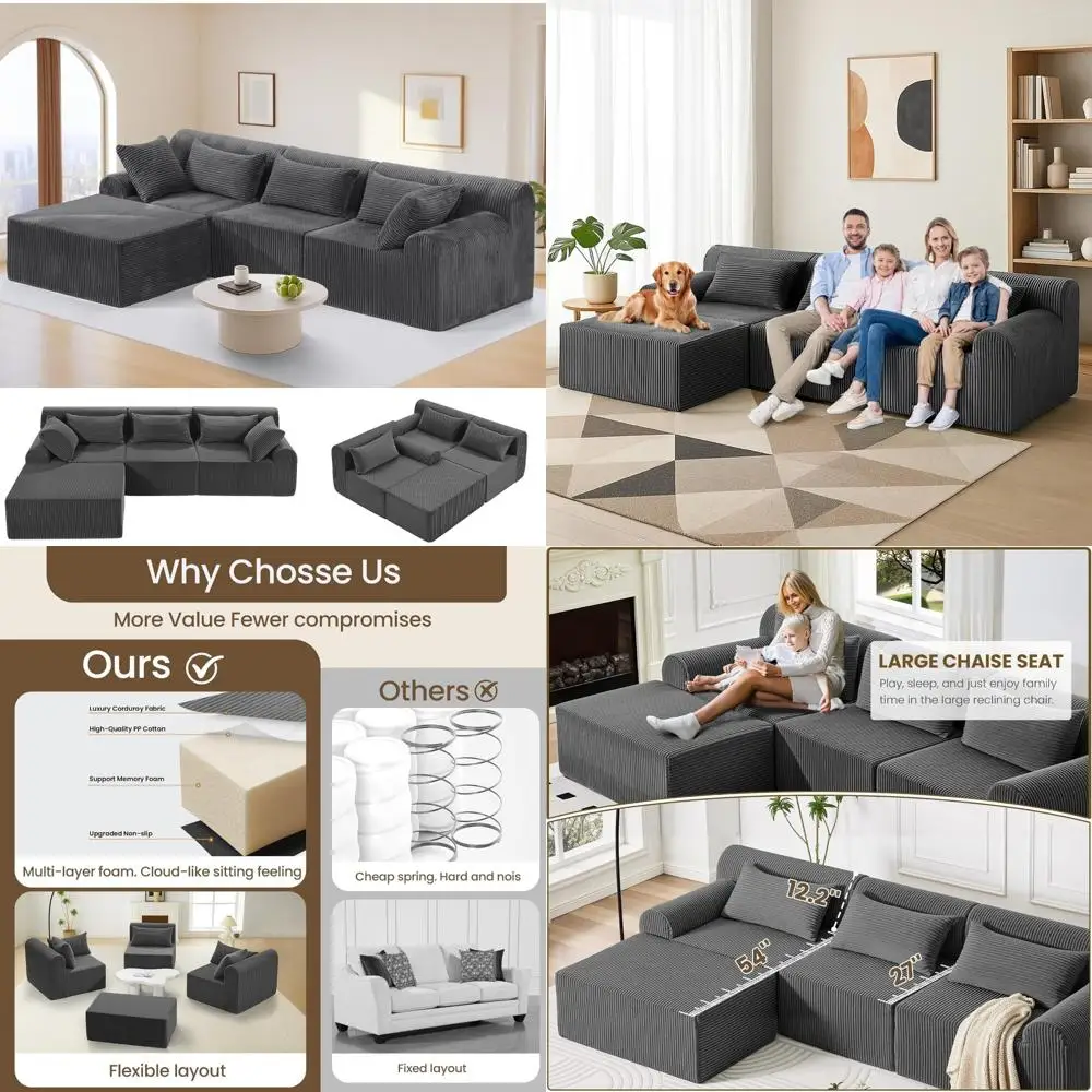 أريكة مقطعية على شكل حرف L لغرفة المعيشة مع مقاعد عميقة ووسائد قابلة للإزالة، وأريكة وحدات مريحة تشبه السحابة #1