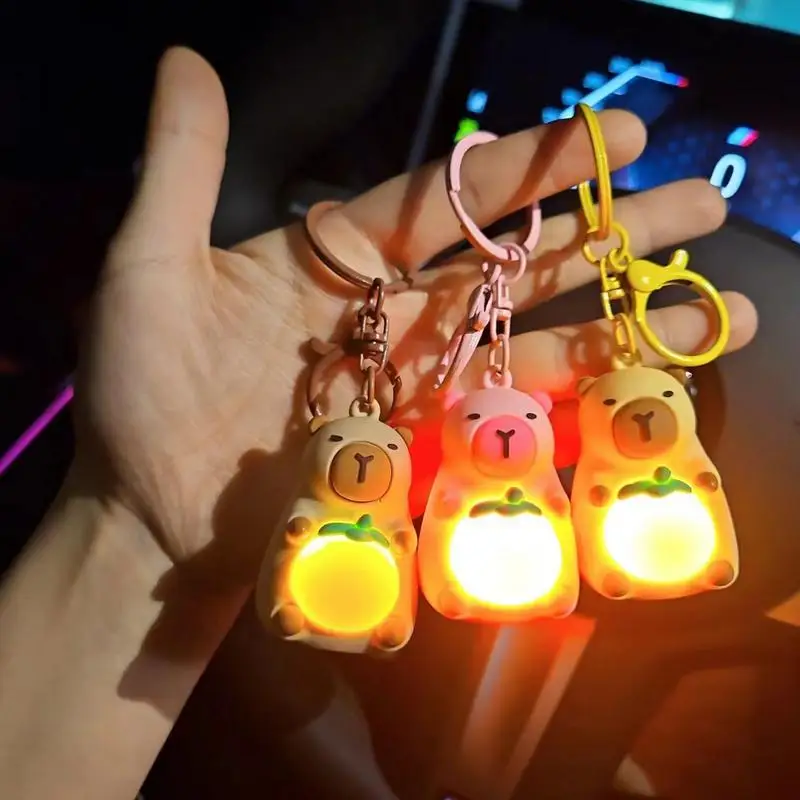 Kawaii Mini Luminous Capybara Keychain Pendant Simulation cartoon Capibara Lighting In The Dark Key Chain Toys Gifts