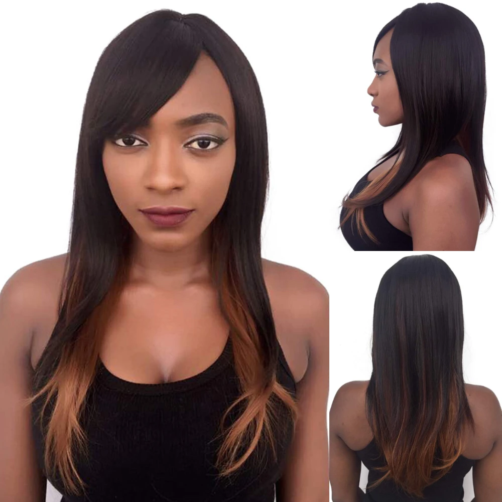 MSIWIGS Long Straight Wigs Synthetic Hair for Women High Temperature Fiber Black Ombre Wigs with Highlight