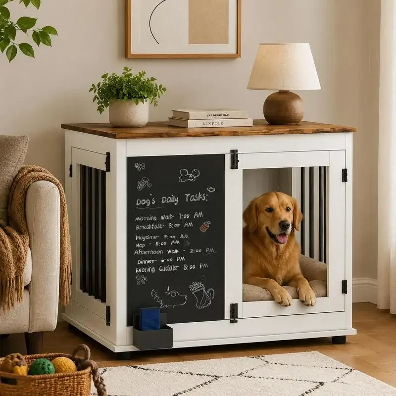 Cage pour chien d'intérieur avec 2 portes, tableau noir, pour chiens de taille moyenne (jusqu'à 20 kg), 80 x 60 x 70 cm, blanc
