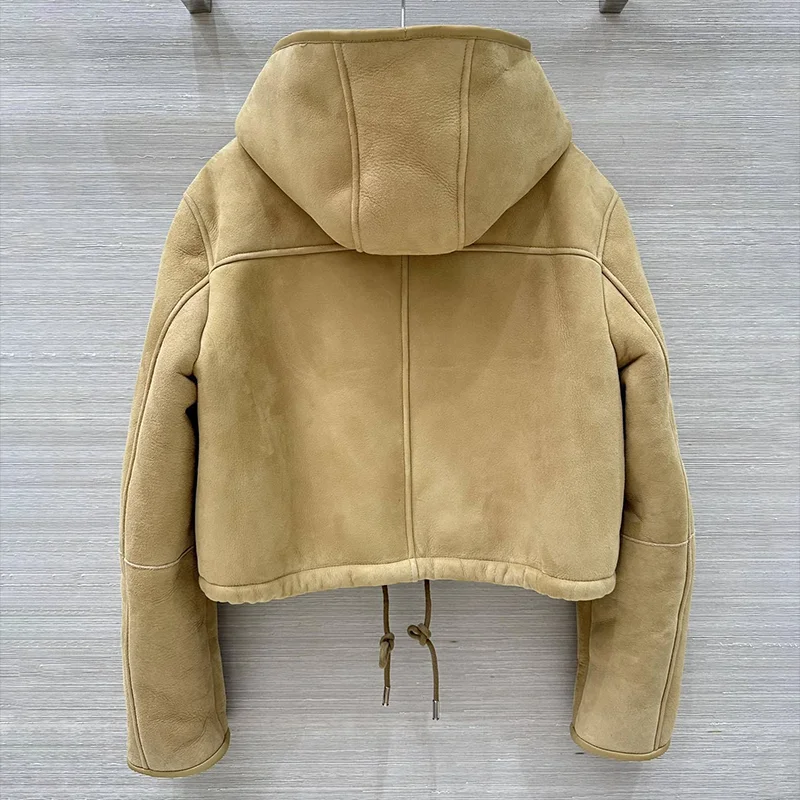 معطف شتوي سميك عالي الجودة من الصوف للنساء، سترة نسائية من الفرو والجلد مع غطاء محرك السيارة 25121378