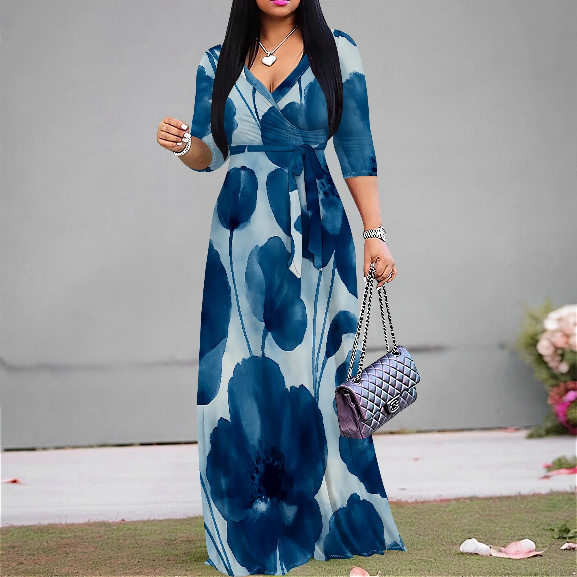 

Watercolor Blue Floral Maxi Dress S-3XL – 2025 Elegant Wrap Style V-Neck for Cruise, Garden Wedding & Spring Brunch