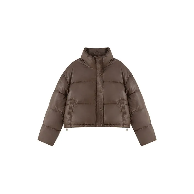 2025 Piumino corto da donna con colletto alla coreana Cappotto in pelle PU ispessita per capispalla in cotone invernale caldo e piccolo