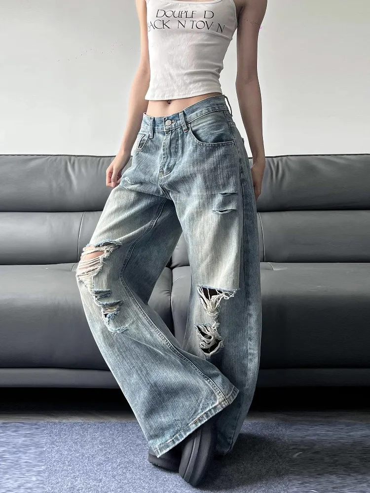 2025 Sommer hohe Taille zerrissene Damen Blue Jeans American Vintage Streetwear Y2K weites Bein Jean 2000er Jahre Hose Baggy Denim Hose