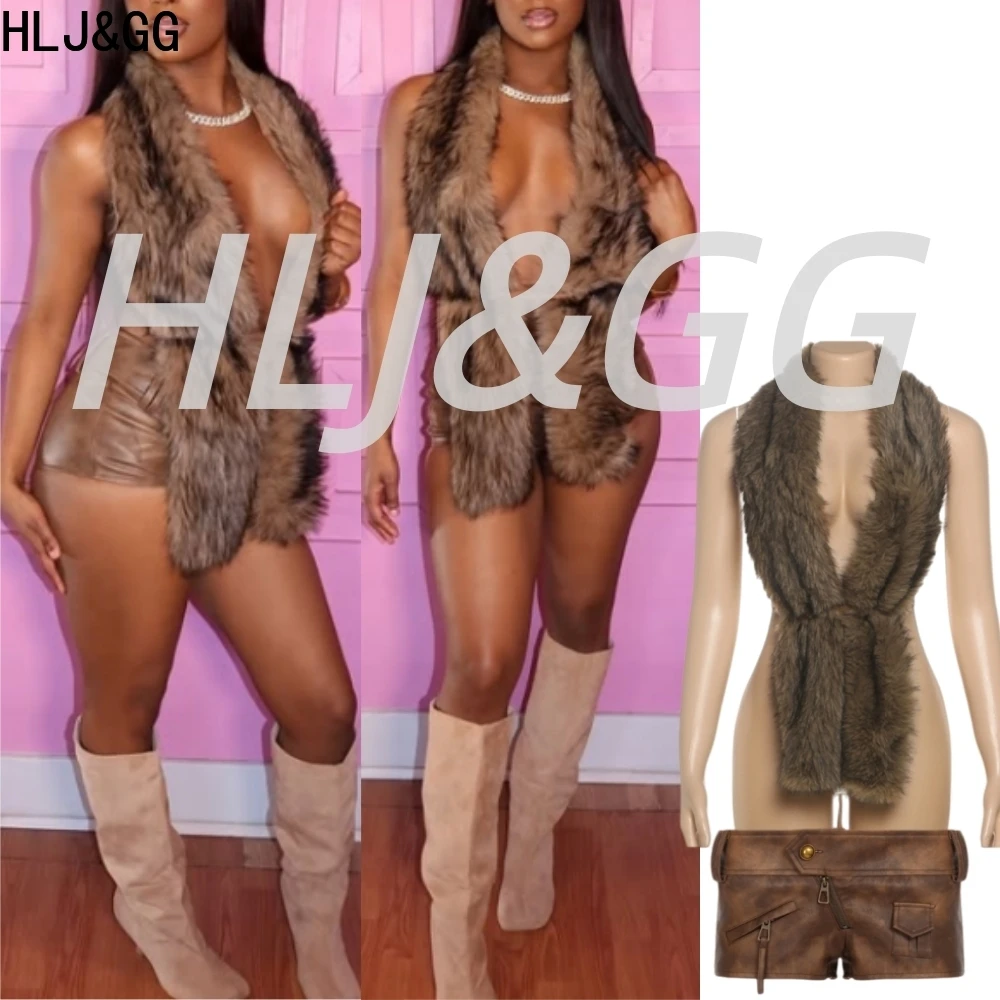 

HLJ&GG Sexy Faux Fur Halter Lace Up Two Piece Sets Women Hollow Sleeveless Backless Top And Leather Shorts Outfit Y2K Streetwear