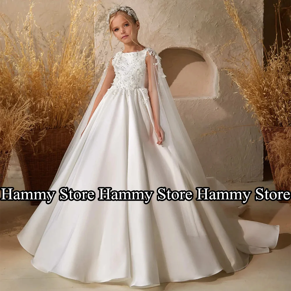 

Flower Girl Dress with Cape Hot Sale O Neck Sleeveless Flowers Applique Ball Gown Satin First Communion Dresses for Birthday