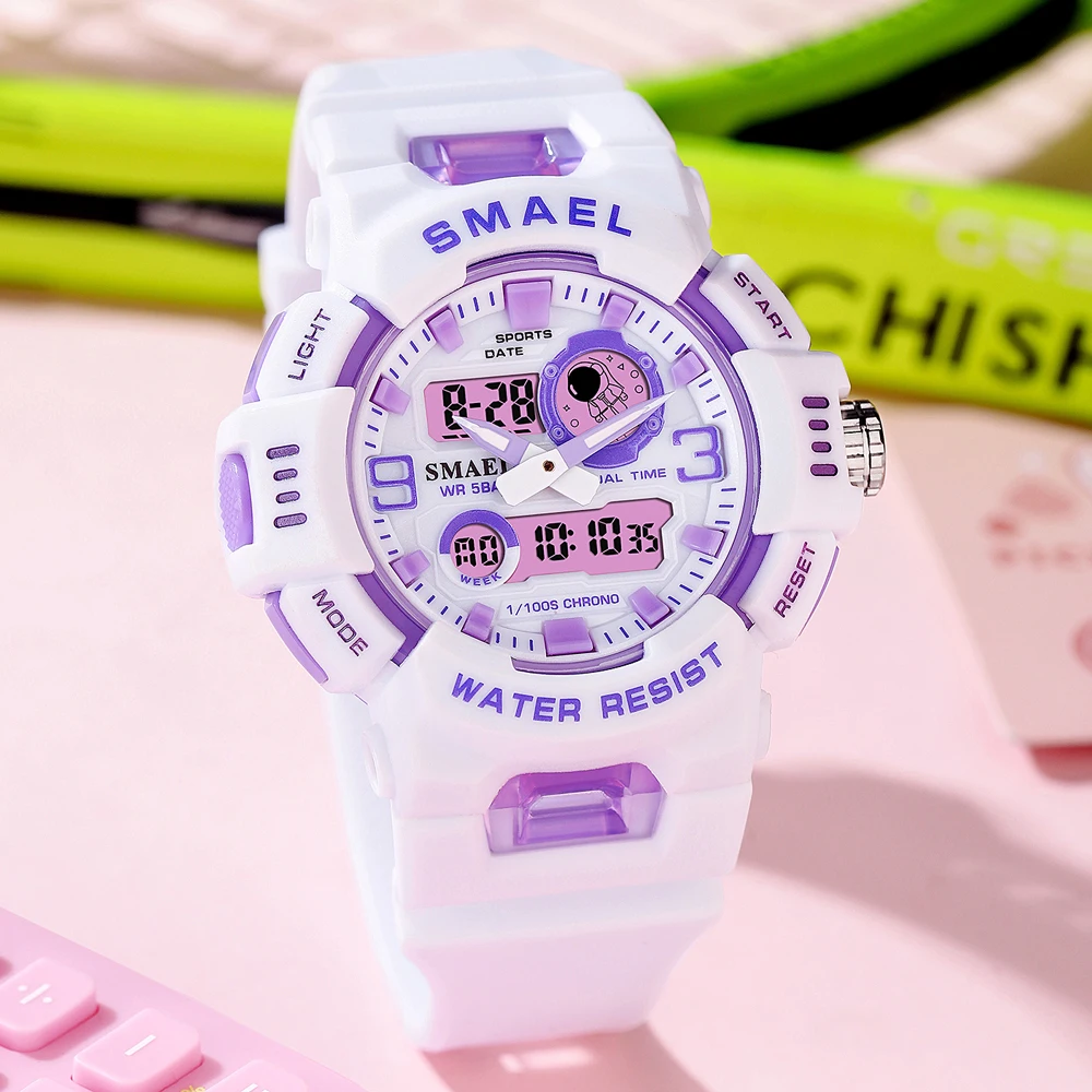 SMAEL New Quartz Digital Watch for Woman Dual Time Display Sport Fashion Lady White Wristwatches 8083 Date Week Female Stopwatch