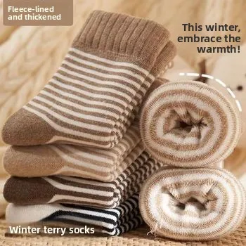 5 Paar Thermosocken für Kinder, mit Fleece gefüttert, dicke Wintersocken mit mittlerer Wade, gestreift, Unisex-Kleinkindsocken – Detail 1