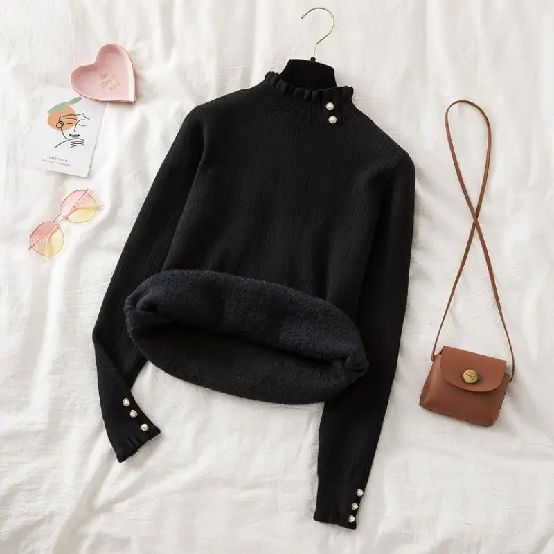 Turtleneck Buttons Flocking Mink Cashmere Warm Knitted Pullover Women\'s Sweater Winter Female Thick Soft Slim Chic Sweaters Tops