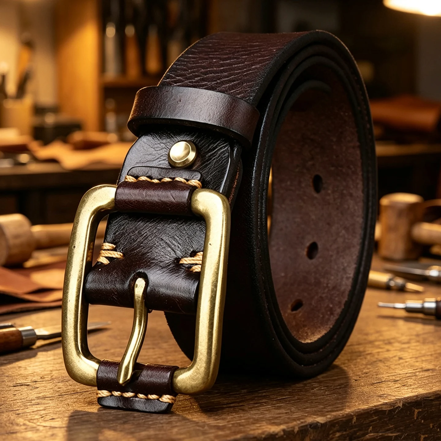 handcrafted-vintage-brass-buckle-leather-belt-top-layer-pure-cowhide-men's-jeans-belt-retro-style-sewn-line-workwear-waist-belt