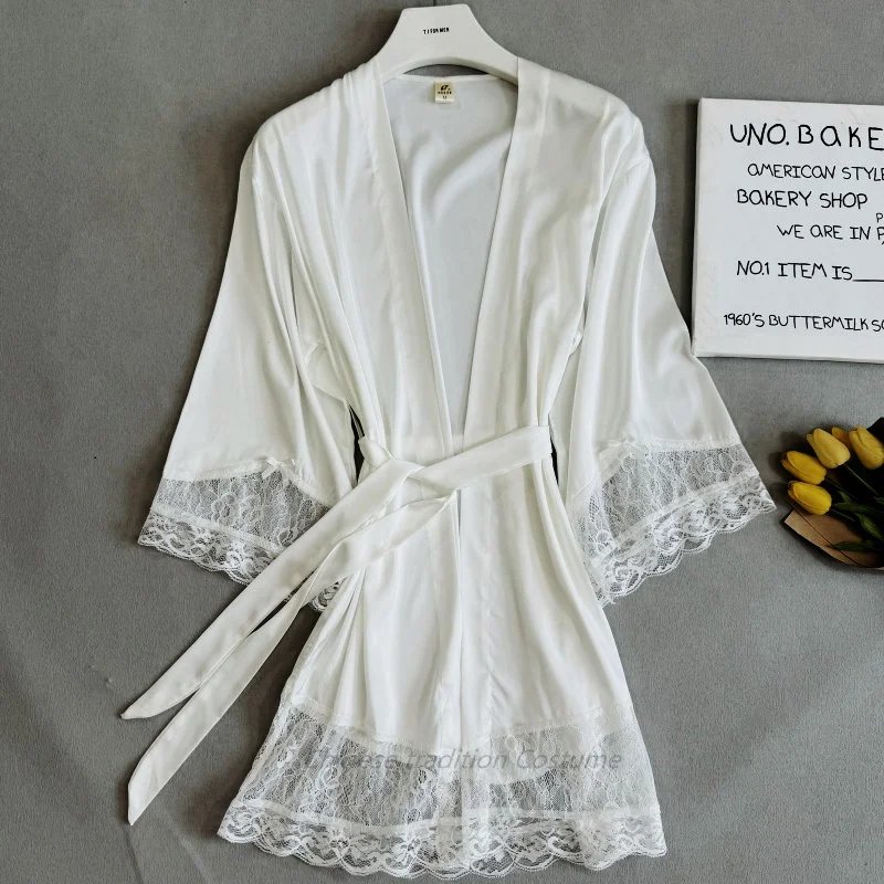 Biała suknia ślubna dla panny młodej koronkowy dół szlafrok Kimono Lady elegancka bielizna nocna dekolt w serek bielizna nocna satynowa bielizna intymna
